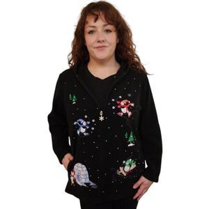 Essentials by Maggie Holiday Hoodie Embellished Black Fleece Jacket Size Large